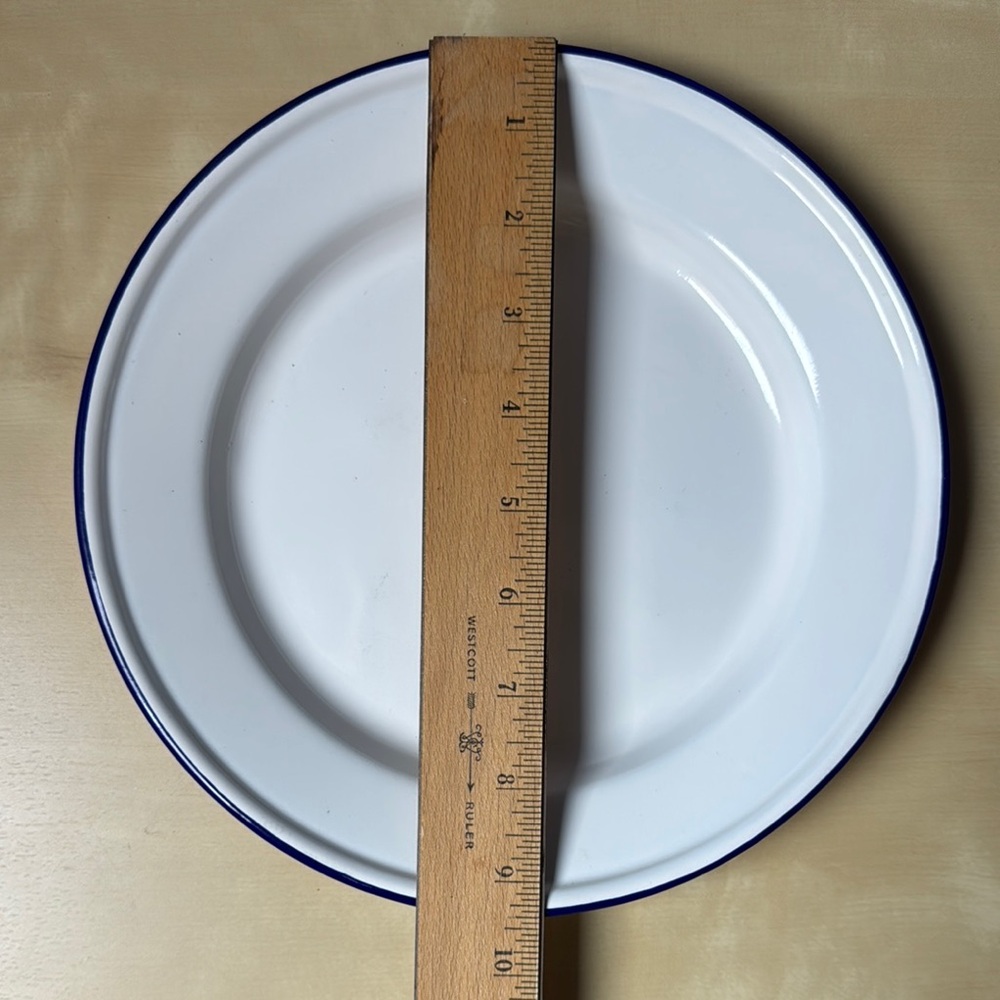 Enamel white plate with blue rim, camping enamelware farmhouse - Picture 4 of 5